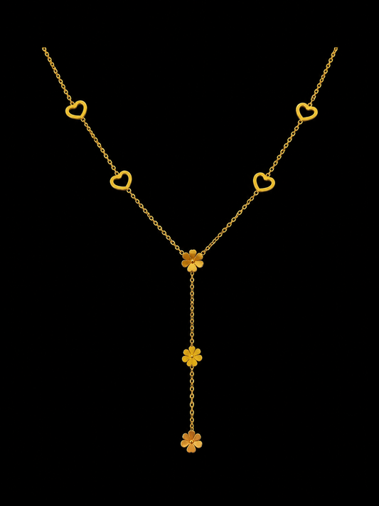 Golden Heart Flower Drop Y Necklace