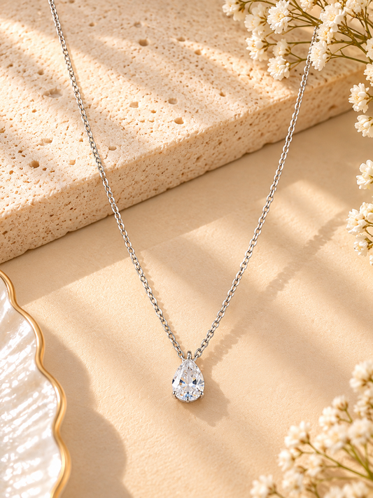 Silver Teardrop Crystal Pendant Necklace