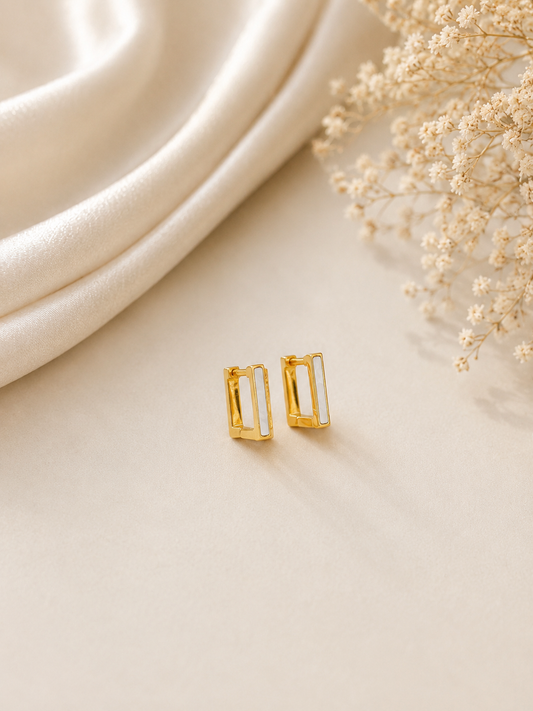 Golden White Rectangular Huggie Earrings
